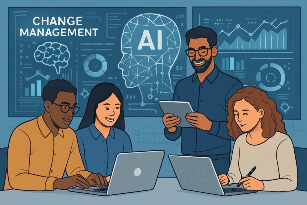 Remote team collaborating with AI-driven technology for modern change management